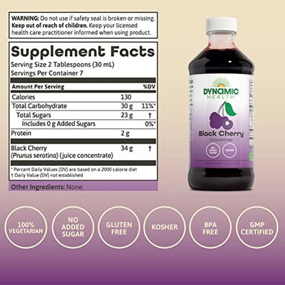 Dynamic Health Pure Black Cherry Unsweetened 100% Juice Concentrate, ohne Zusatzstoffe oder Konservierungsstoffe, Antioxidantien, 237 ml (Verpackung variiert)