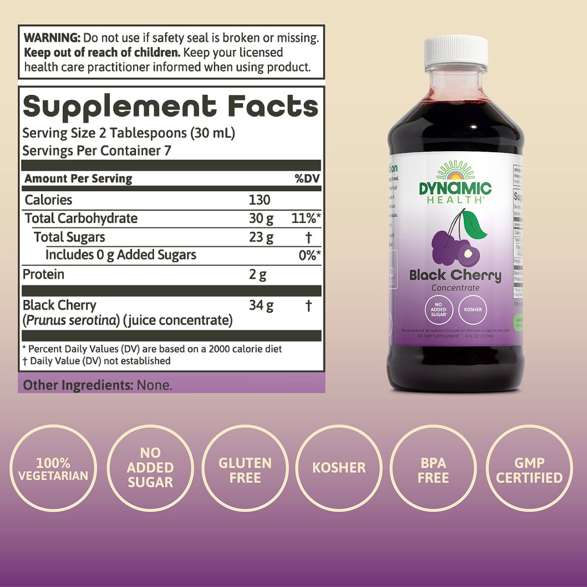 Dynamic Health Pure Black Cherry Unsweetened 100% Juice Concentrate, ohne Zusatzstoffe oder Konservierungsstoffe, Antioxidantien, 237 ml (Verpackung variiert)