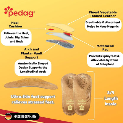 Pedag Holiday 3/4 Bogenstütze für Plantarfasziitis – Ledereinlage für Businessschuhe mit Mittelfußpolster & Fersenkissen – Handgefertigt in Deutschland – APMA anerkannt – Damen 9