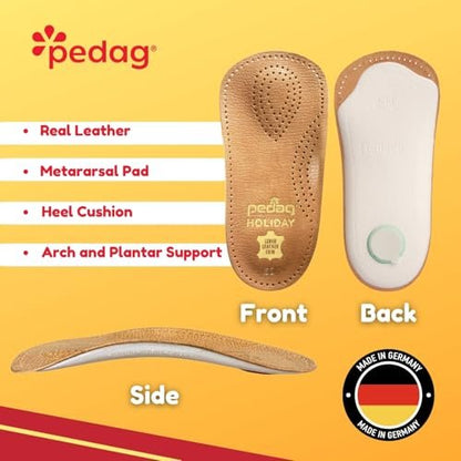 Pedag Holiday 3/4 Bogenstütze für Plantarfasziitis – Ledereinlage für Businessschuhe mit Mittelfußpolster & Fersenkissen – Handgefertigt in Deutschland – APMA anerkannt – Damen 9
