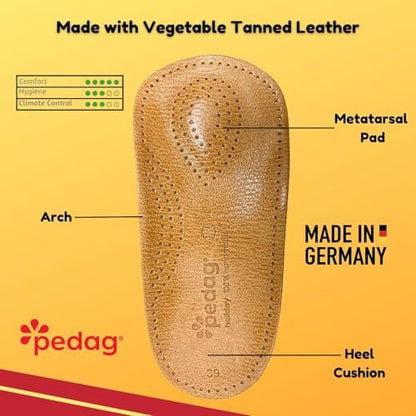 Pedag Holiday 3/4 Bogenstütze für Plantarfasziitis – Ledereinlage für Businessschuhe mit Mittelfußpolster & Fersenkissen – Handgefertigt in Deutschland – APMA anerkannt – Damen 9