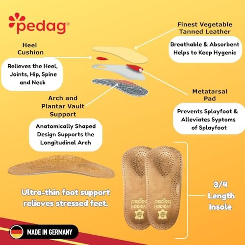 Pedag Holiday 3/4 Bogenstütze für Plantarfasziitis – Ledereinlage für Businessschuhe mit Mittelfußpolster & Fersenkissen – Handgefertigt in Deutschland – APMA anerkannt – Damen 9