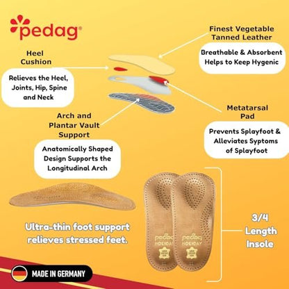 Pedag Holiday 3/4 Bogenstütze für Plantarfasziitis – Ledereinlage für Businessschuhe mit Mittelfußpolster & Fersenkissen – Handgefertigt in Deutschland – APMA anerkannt – Damen 9