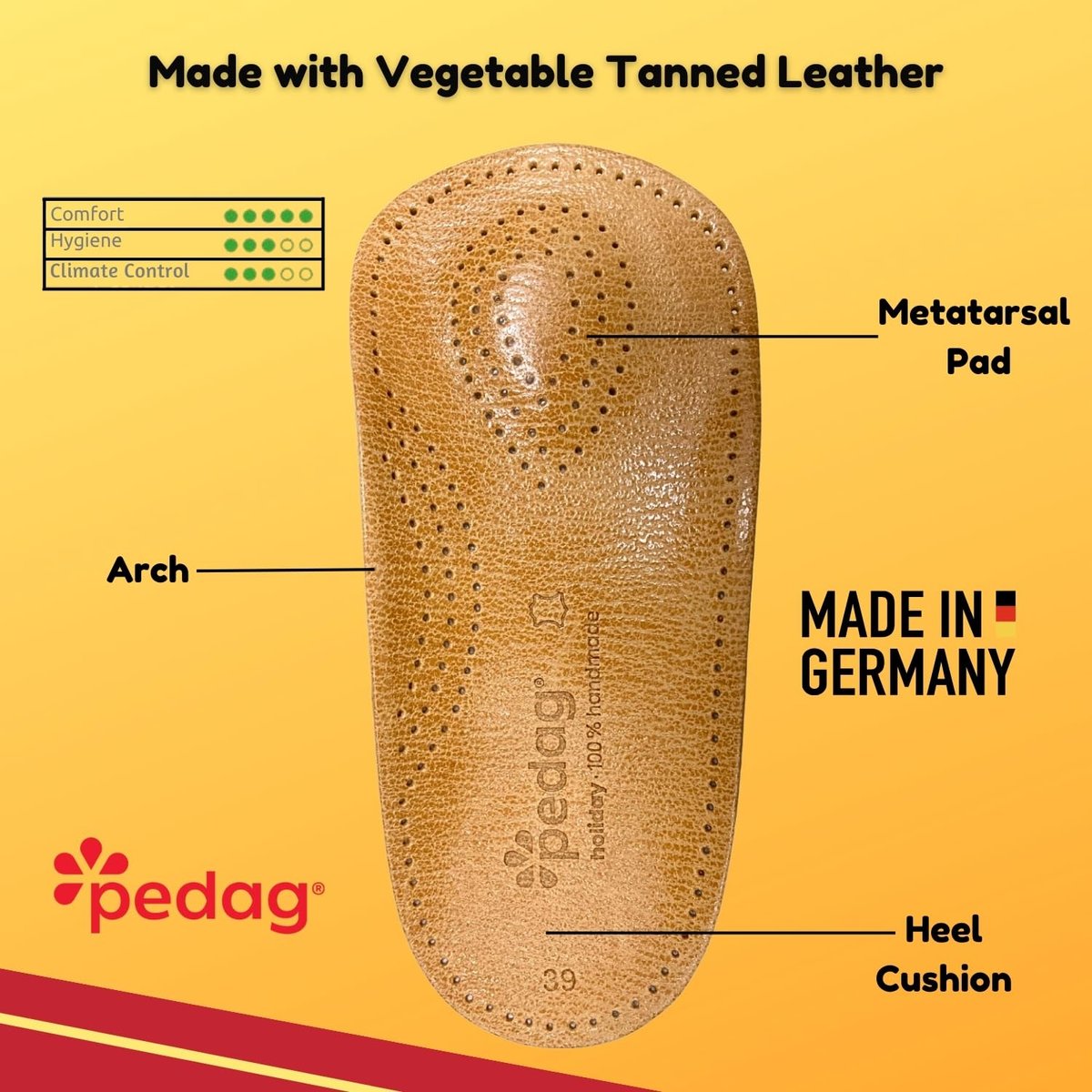 Pedag Holiday 3/4 Bogenstütze für Plantarfasziitis – Ledereinlage für Businessschuhe mit Mittelfußpolster & Fersenkissen – Handgefertigt in Deutschland – APMA anerkannt – Damen 9