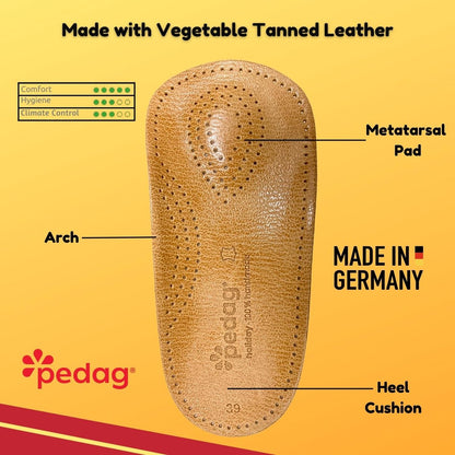 Pedag Holiday 3/4 Bogenstütze für Plantarfasziitis – Ledereinlage für Businessschuhe mit Mittelfußpolster & Fersenkissen – Handgefertigt in Deutschland – APMA anerkannt – Damen 9