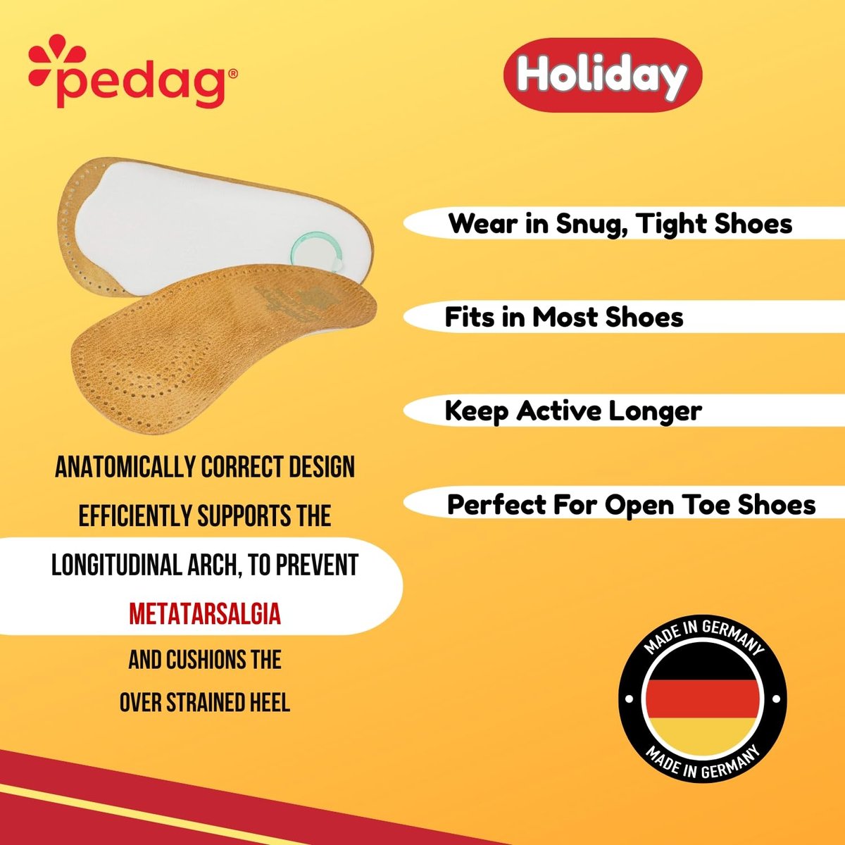 Pedag Holiday 3/4 Bogenstütze für Plantarfasziitis – Ledereinlage für Businessschuhe mit Mittelfußpolster & Fersenkissen – Handgefertigt in Deutschland – APMA anerkannt – Damen 9