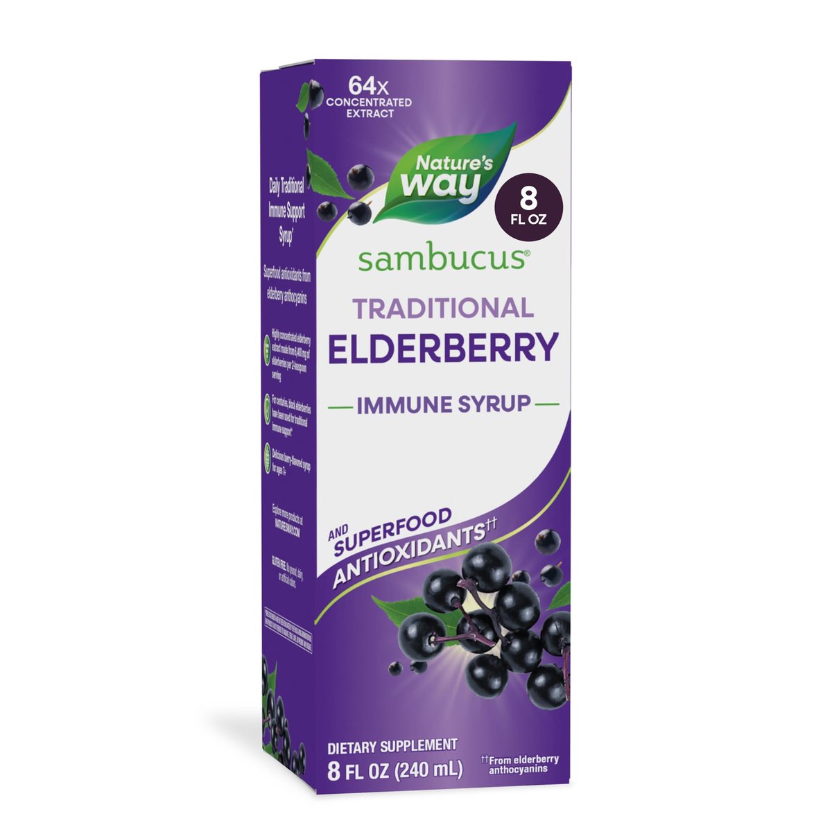 Nature's Way Sambucus Holunder Immunsyrup, Hochkonzentrierter Schwarzer Holunderextrakt, Traditionelle Immununterstützung, Leckerer Beerengeschmack, 237 ml