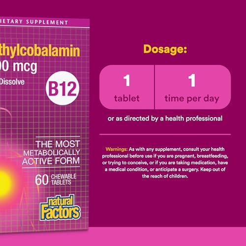 Natural Factors Vitamin B12 Methylcobalamin 5000 mcg – Kautabletten für Energie & Immunsystem, 60 Tabletten