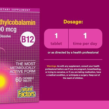 Natural Factors Vitamin B12 Methylcobalamin 5000 mcg – Kautabletten für Energie & Immunsystem, 60 Tabletten