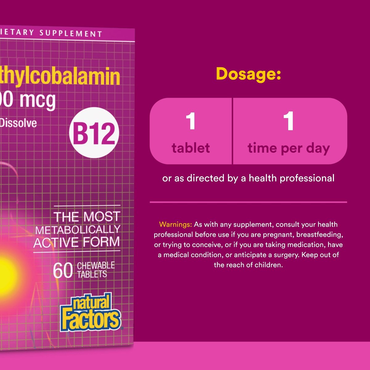 Natural Factors Vitamin B12 Methylcobalamin 5000 mcg – Kautabletten für Energie & Immunsystem, 60 Tabletten