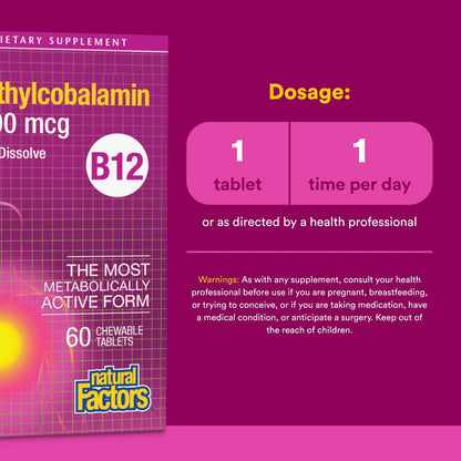 Natural Factors Vitamin B12 Methylcobalamin 5000 mcg – Kautabletten für Energie & Immunsystem, 60 Tabletten