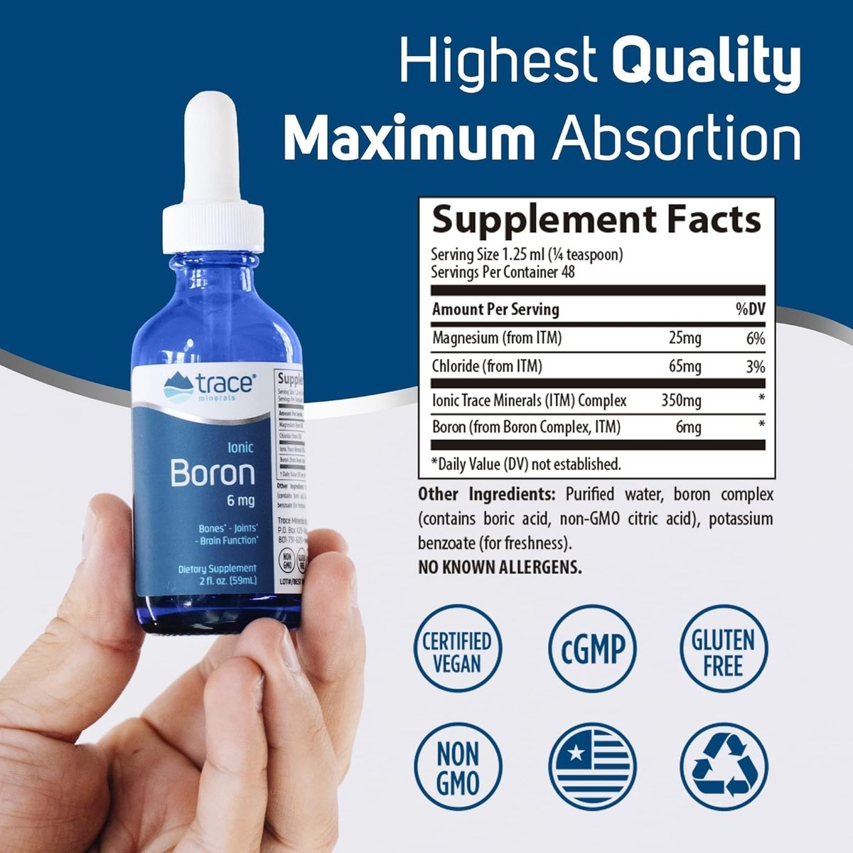 Flüssiges ionisches Bor | 6 mg Bor | Unterstützt normalen Knochenstoffwechsel, Gehirnfunktion & Gelenkgesundheit | Mit ionischen Spurenelementen, Magnesium + Chlorid | 48 Portionen, 60 ml (1 Packung)