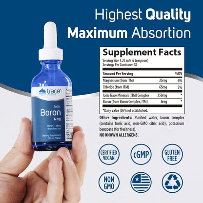 Flüssiges ionisches Bor | 6 mg Bor | Unterstützt normalen Knochenstoffwechsel, Gehirnfunktion & Gelenkgesundheit | Mit ionischen Spurenelementen, Magnesium + Chlorid | 48 Portionen, 60 ml (1 Packung)
