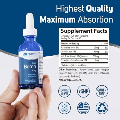 Flüssiges ionisches Bor | 6 mg Bor | Unterstützt normalen Knochenstoffwechsel, Gehirnfunktion & Gelenkgesundheit | Mit ionischen Spurenelementen, Magnesium + Chlorid | 48 Portionen, 60 ml (1 Packung)