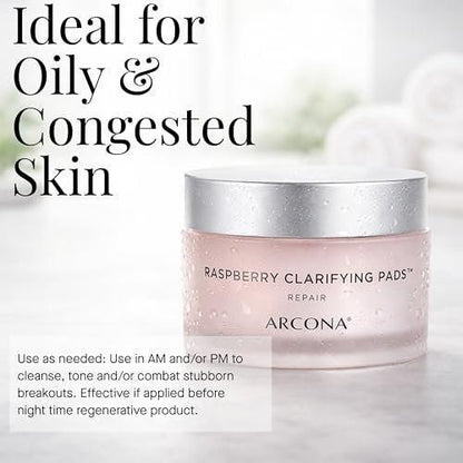 ARCONA Raspberry Clarifying Pads – Reinigungspads mit Himbeerextrakt, Hamamelis, Salicylsäure und Teebaumextrakten für klare, geschützte Haut – 45 Pads, Hergestellt in den USA