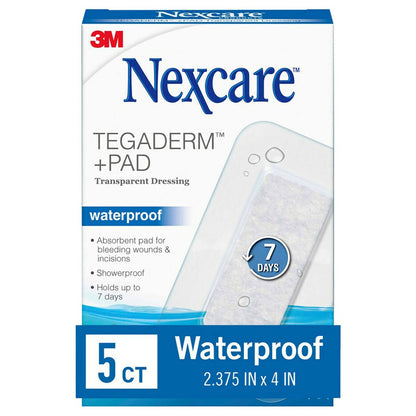 Nexcare Tegaderm + Pad Transparenter Wundverband, Atmungsaktiv, Wasserdicht, Hält 7 Tage – 5 Verbände