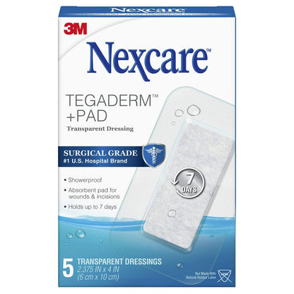 Nexcare Tegaderm + Pad Transparenter Wundverband, Atmungsaktiv, Wasserdicht, Hält 7 Tage – 5 Verbände