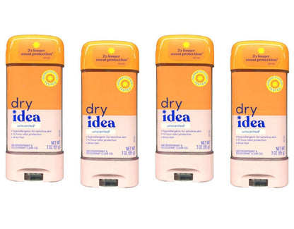 Dry Idea Clear Gel Antitranspirant & Deodorant, Advanced Dry, Unguvertet, hypoallergen, 3,0 Unzen Tuben (Packung mit 4)