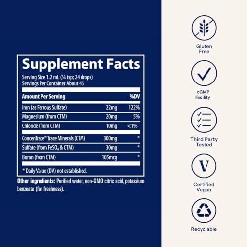 Trace Minerals Ionisches Eisen 22 mg – Flüssiges Nahrungsergänzungsmittel zur Unterstützung des Immunsystems und der Energie – mit Eisensulfat – 1,9 fl oz (ca. 46 Portionen)