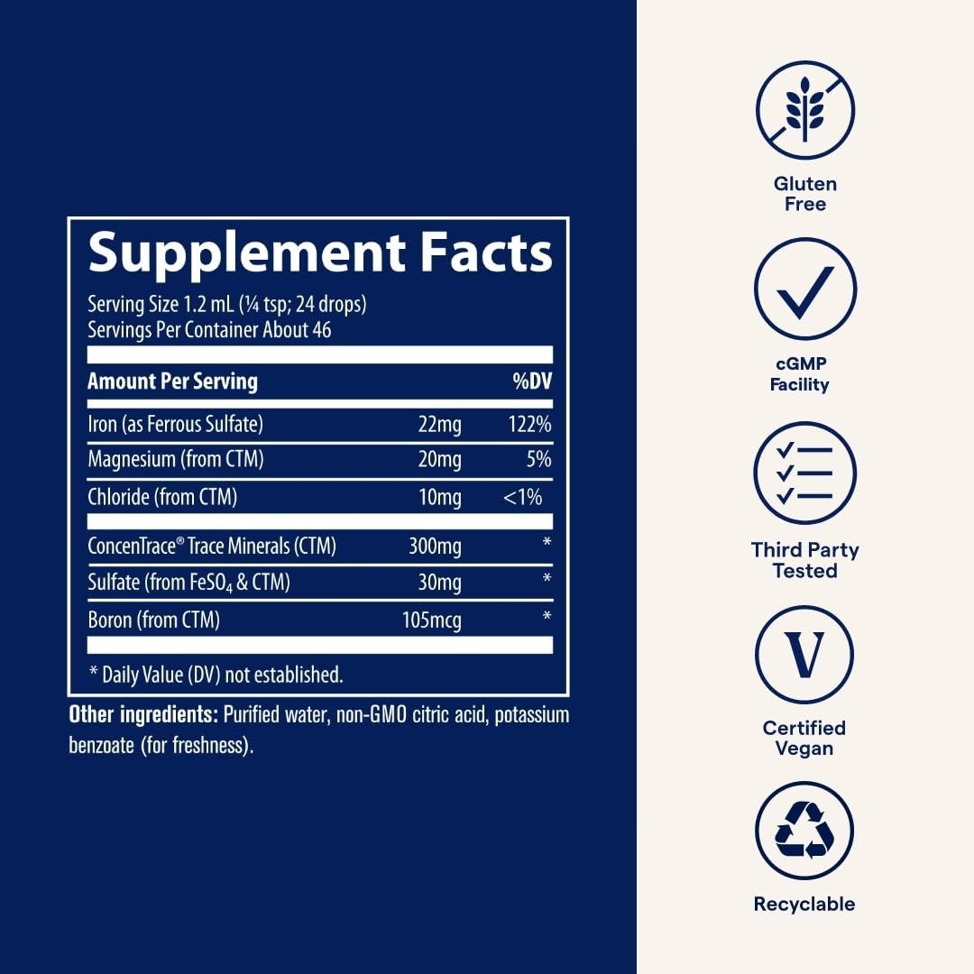 Trace Minerals Ionisches Eisen 22 mg – Flüssiges Nahrungsergänzungsmittel zur Unterstützung des Immunsystems und der Energie – mit Eisensulfat – 1,9 fl oz (ca. 46 Portionen)
