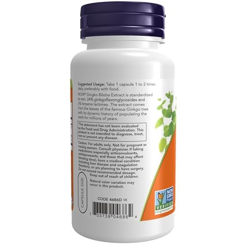 NOW Foods Ginkgo Biloba 60 mg, 24% Standardisierter Extrakt, Non-GMO Project Verified, 60 Vegankapseln