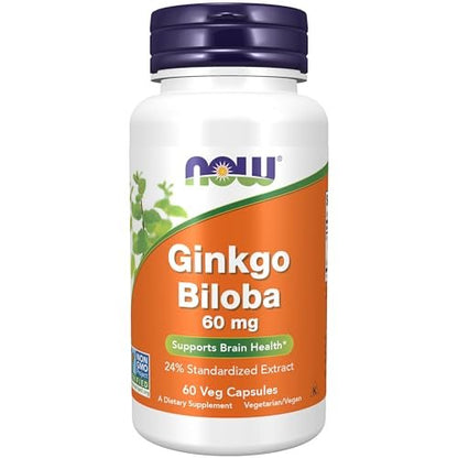 NOW Foods Ginkgo Biloba 60 mg, 24% Standardisierter Extrakt, Non-GMO Project Verified, 60 Vegankapseln