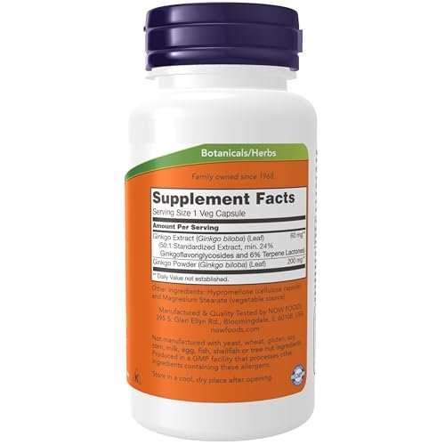 NOW Foods Ginkgo Biloba 60 mg, 24% Standardisierter Extrakt, Non-GMO Project Verified, 60 Vegankapseln