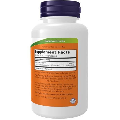 NOW Foods Kapseln, Cayenne (Capsicum annuum) 500 mg, Kräuterunterstützung, 100 vegane Kapseln