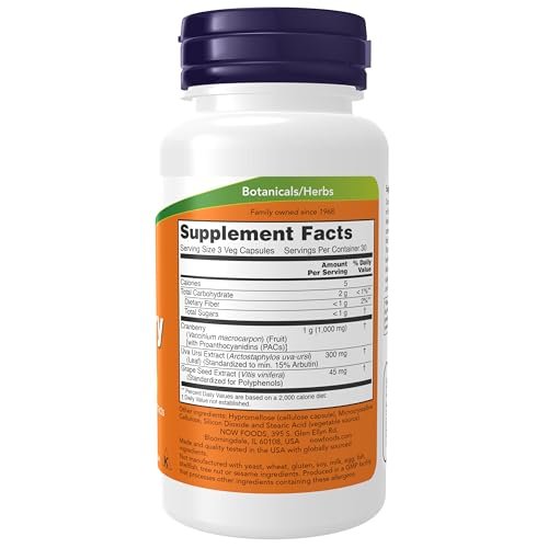 NOW Supplements Cranberry mit PACs, plus Uva Ursi und Traubenkernextrakt – 90 vegane Kapseln