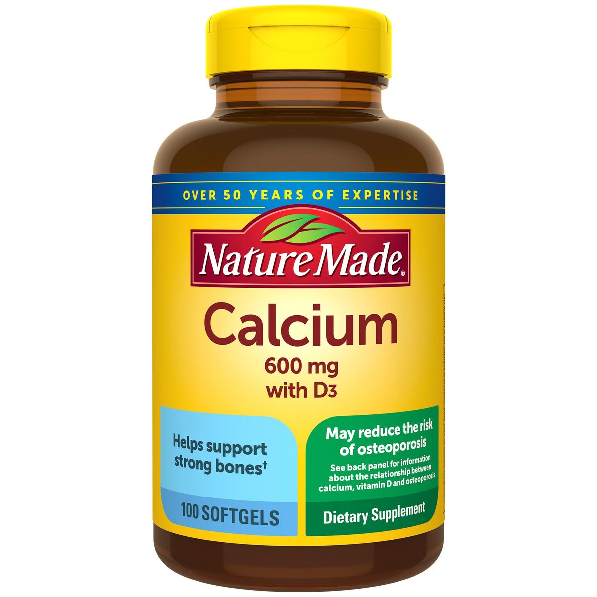 Nature Made Calcium 600 mg mit Vitamin D3 – Nahrungsergänzungsmittel für Knochenunterstützung, 100 Softgels