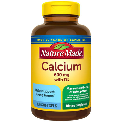 Nature Made Calcium 600 mg mit Vitamin D3 – Nahrungsergänzungsmittel für Knochenunterstützung, 100 Softgels