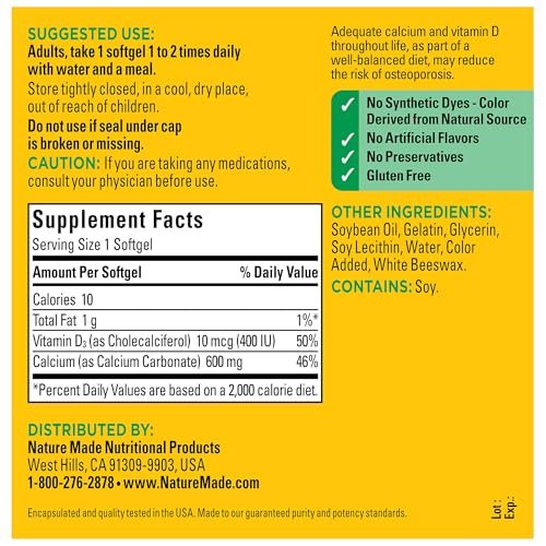 Nature Made Calcium 600 mg mit Vitamin D3 – Nahrungsergänzungsmittel für Knochenunterstützung, 100 Softgels