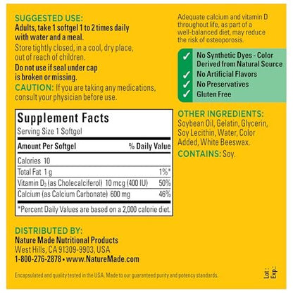 Nature Made Calcium 600 mg mit Vitamin D3 – Nahrungsergänzungsmittel für Knochenunterstützung, 100 Softgels