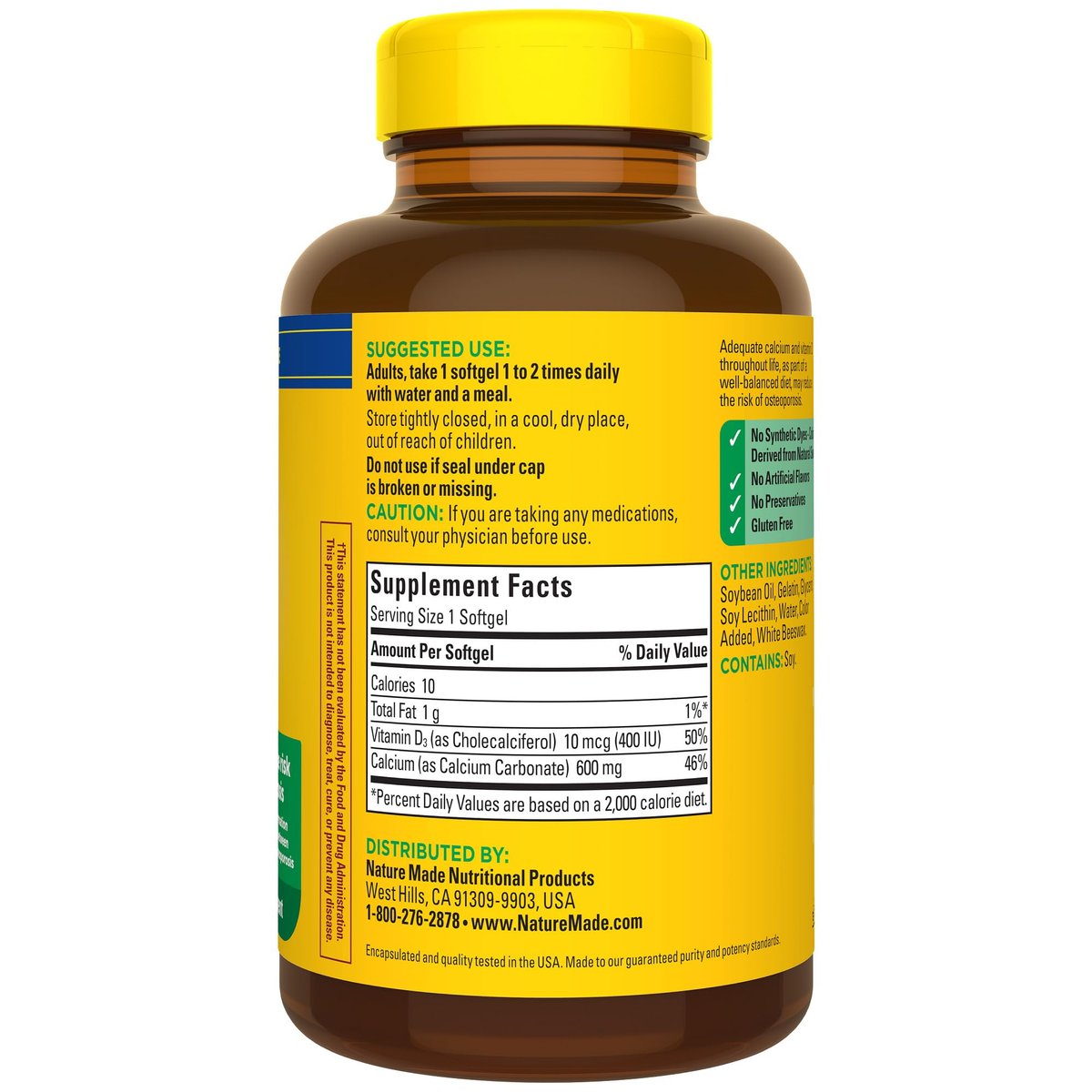 Nature Made Calcium 600 mg mit Vitamin D3 – Nahrungsergänzungsmittel für Knochenunterstützung, 100 Softgels