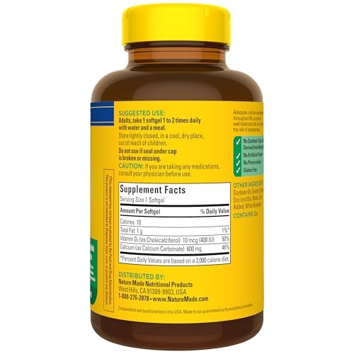 Nature Made Calcium 600 mg mit Vitamin D3 – Nahrungsergänzungsmittel für Knochenunterstützung, 100 Softgels