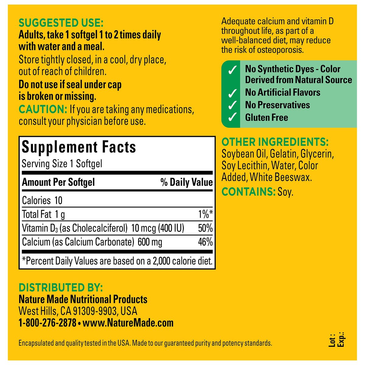Nature Made Calcium 600 mg mit Vitamin D3 – Nahrungsergänzungsmittel für Knochenunterstützung, 100 Softgels