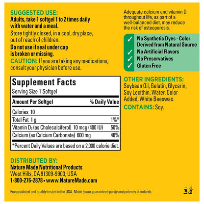 Nature Made Calcium 600 mg mit Vitamin D3 – Nahrungsergänzungsmittel für Knochenunterstützung, 100 Softgels