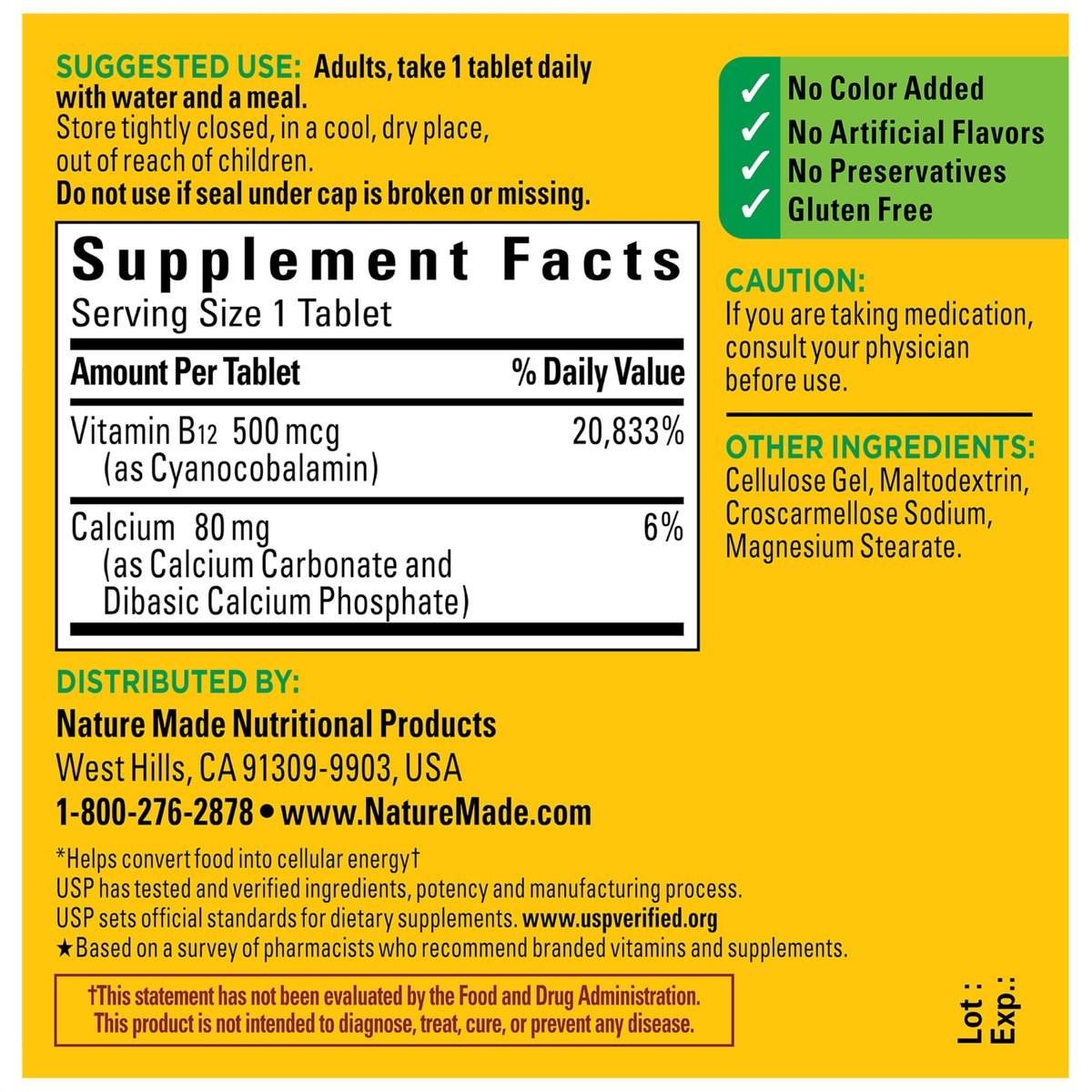 Nature Made Vitamin B12 500 mcg – 200 Tabletten, Nahrungsergänzungsmittel zur Unterstützung des Energiestoffwechsels