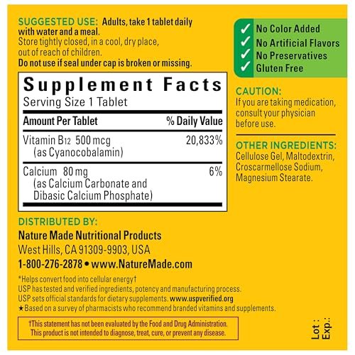 Nature Made Vitamin B12 500 mcg – 200 Tabletten, Nahrungsergänzungsmittel zur Unterstützung des Energiestoffwechsels