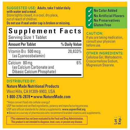 Nature Made Vitamin B12 500 mcg – 200 Tabletten, Nahrungsergänzungsmittel zur Unterstützung des Energiestoffwechsels