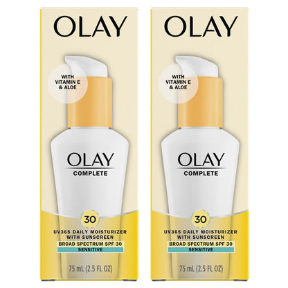 Olay Gesichtsfeuchtigkeitscreme mit Sonnenschutz SPF 30, parfümfrei für empfindliche Haut, Breitspektrum UV-Schutz, langanhaltende Feuchtigkeitsversorgung, nicht komedogen - Vitamin E & Aloe - 2er Pack (2 x 74 ml)