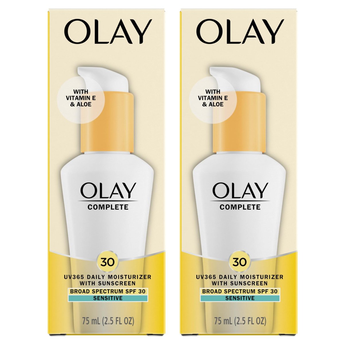 Olay Gesichtsfeuchtigkeitscreme mit Sonnenschutz SPF 30, parfümfrei für empfindliche Haut, Breitspektrum UV-Schutz, langanhaltende Feuchtigkeitsversorgung, nicht komedogen - Vitamin E & Aloe - 2er Pack (2 x 74 ml)