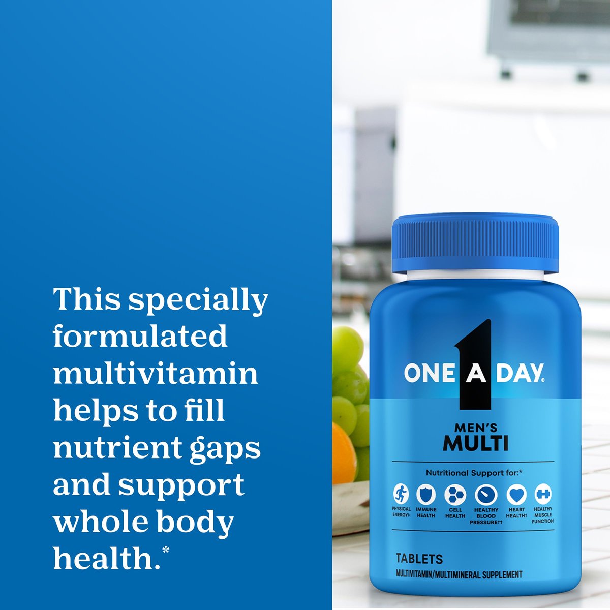 One A Day Multivitamin für Männer – Tägliches Männermultivitamin mit Vitamin D, Zink, Folsäure und B-Vitaminen, Unterstützung der körperlichen Energie, 200 Tabletten