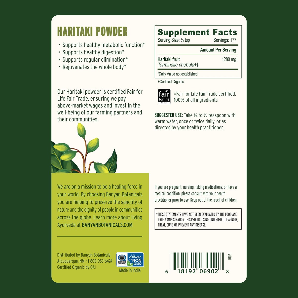 Banyan Botanicals Haritaki Pulver – Organische Terminalia Chebula – Ayurvedisches Verdauungsergänzungsmittel für sanfte Reinigung* – ½ lb – Nicht-GVO, nachhaltig, Fair for Life Fair Trade zertifiziert