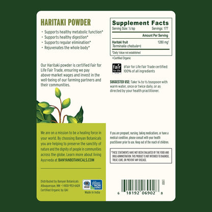 Banyan Botanicals Haritaki Pulver – Organische Terminalia Chebula – Ayurvedisches Verdauungsergänzungsmittel für sanfte Reinigung* – ½ lb – Nicht-GVO, nachhaltig, Fair for Life Fair Trade zertifiziert