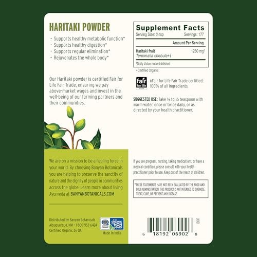Banyan Botanicals Haritaki Pulver – Organische Terminalia Chebula – Ayurvedisches Verdauungsergänzungsmittel für sanfte Reinigung* – ½ lb – Nicht-GVO, nachhaltig, Fair for Life Fair Trade zertifiziert