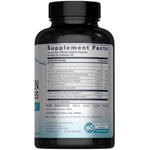 NeoCell Marine Collagen Peptides Kapseln | 120 Kapseln | mit Hyaluronsäure & Vitamin C | für Frauen & Männer