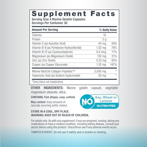 NeoCell Marine Collagen Peptides Kapseln | 120 Kapseln | mit Hyaluronsäure & Vitamin C | für Frauen & Männer