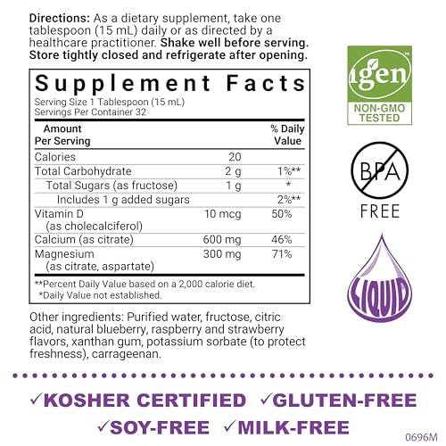 Bluebonnet Nutrition Flüssiges Calciumcitrat mit Magnesium, Vitamin D3 – für die Knochengesundheit – glutenfrei, sojafrei, milchfrei, koscher – 473 ml – 32 Portionen – Geschmack: gemischte Beeren