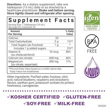 Bluebonnet Nutrition Flüssiges Calciumcitrat mit Magnesium, Vitamin D3 – für die Knochengesundheit – glutenfrei, sojafrei, milchfrei, koscher – 473 ml – 32 Portionen – Geschmack: gemischte Beeren